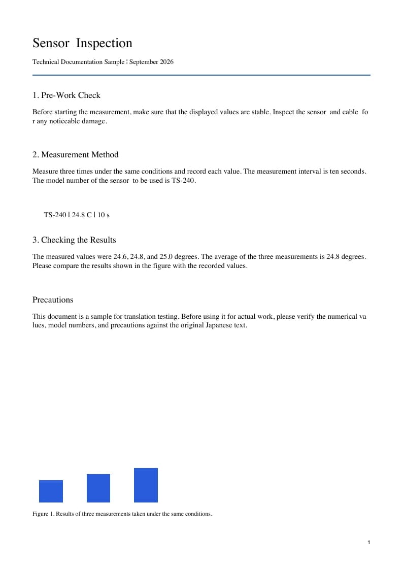 Actual English translation of the Japanese sensor guide with instructions and numerical readings